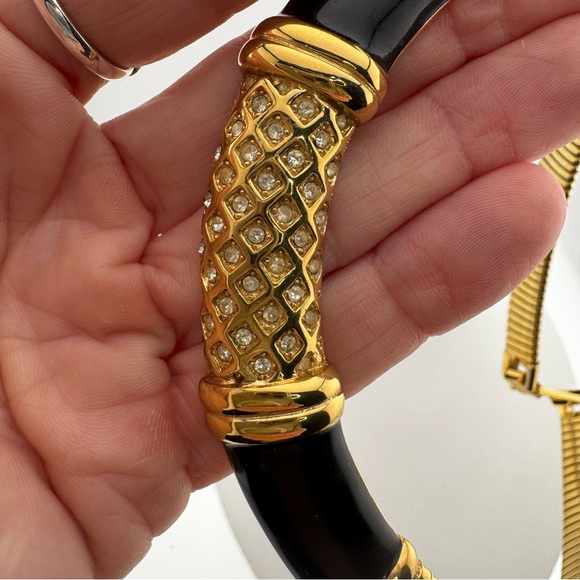 Vintage 1980 Monet Gold and Black Enamel Statement Necklace with Rhinestone - Picture 7 of 11